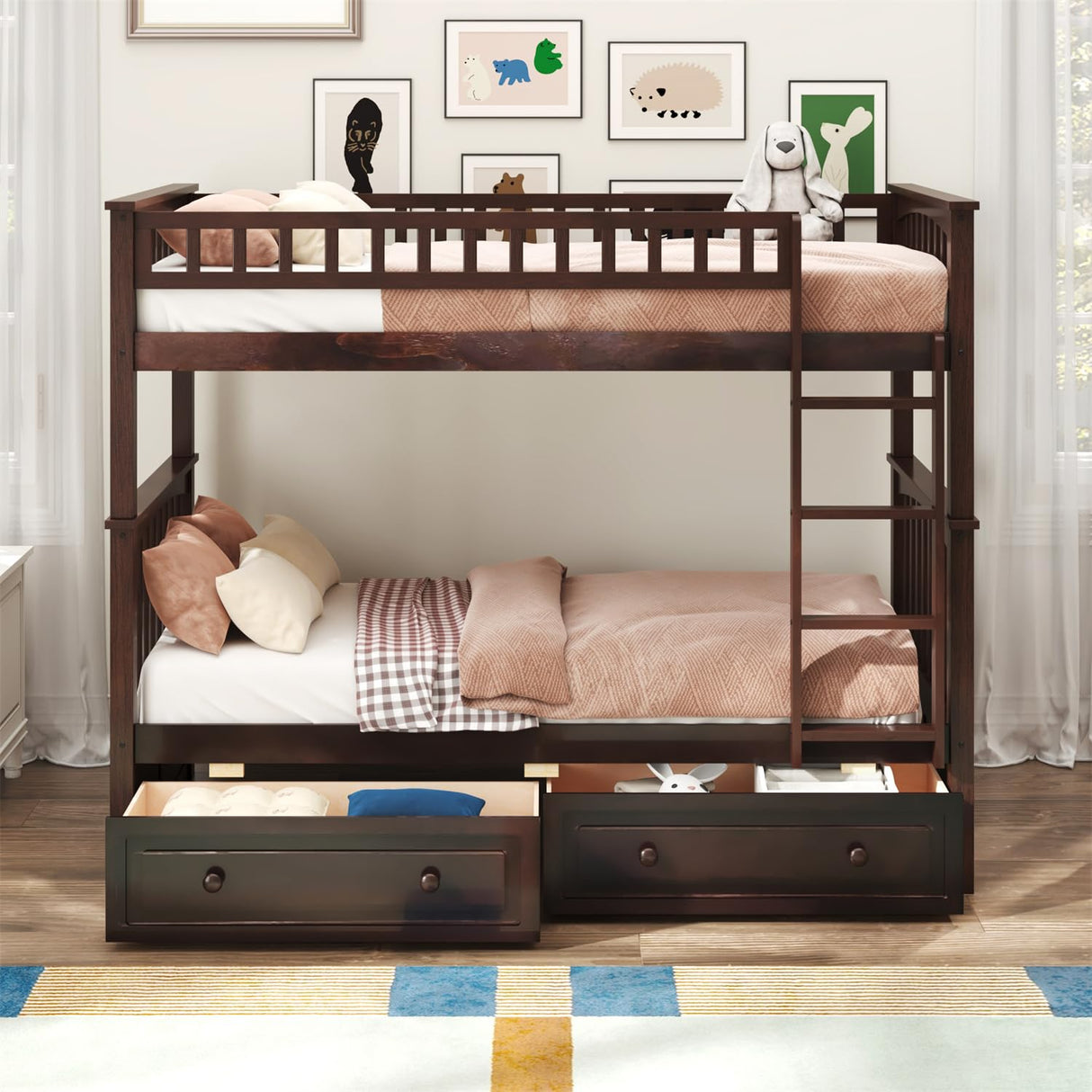 Merax Twin Over Twin Bunk Bed with 2 Storage Drawers and Ladder, Can be Devided into 2 Beds, No Spring Box Needed, Expresso Merax