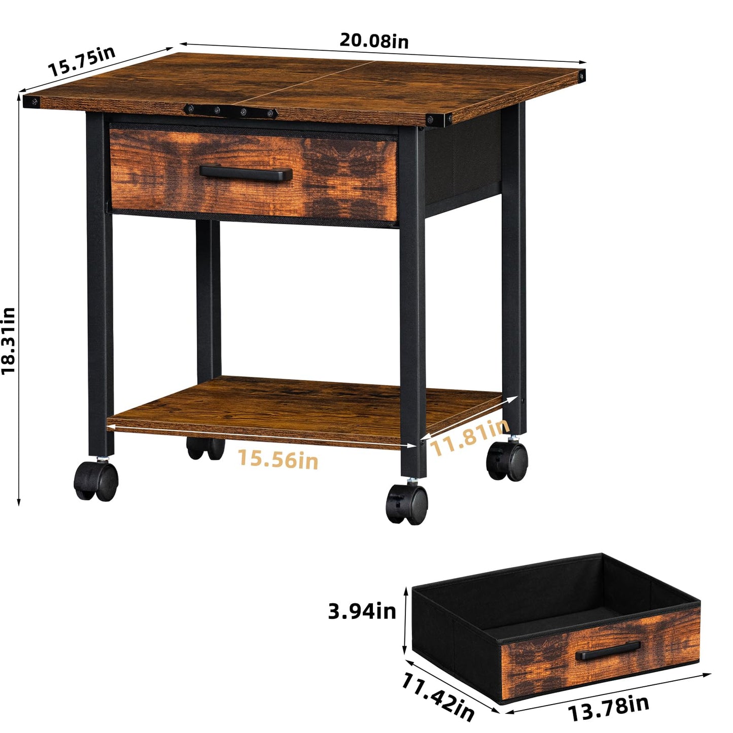 Lerliuo Under Desk Rolling Printer Stand with Drawer, 2-Tier Industrial Mobile Printer Table Desk with Storage Shelf and Steel Frame, Printer Cart Holder with Lockable Wheels for Home, Office (Brown)