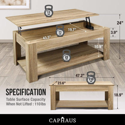 CAPHAUS 47' Natural Oak Lift Top Coffee Table with Storage, 110 lbs Capacity, 11 lbs Lifted - WoodArtSupply