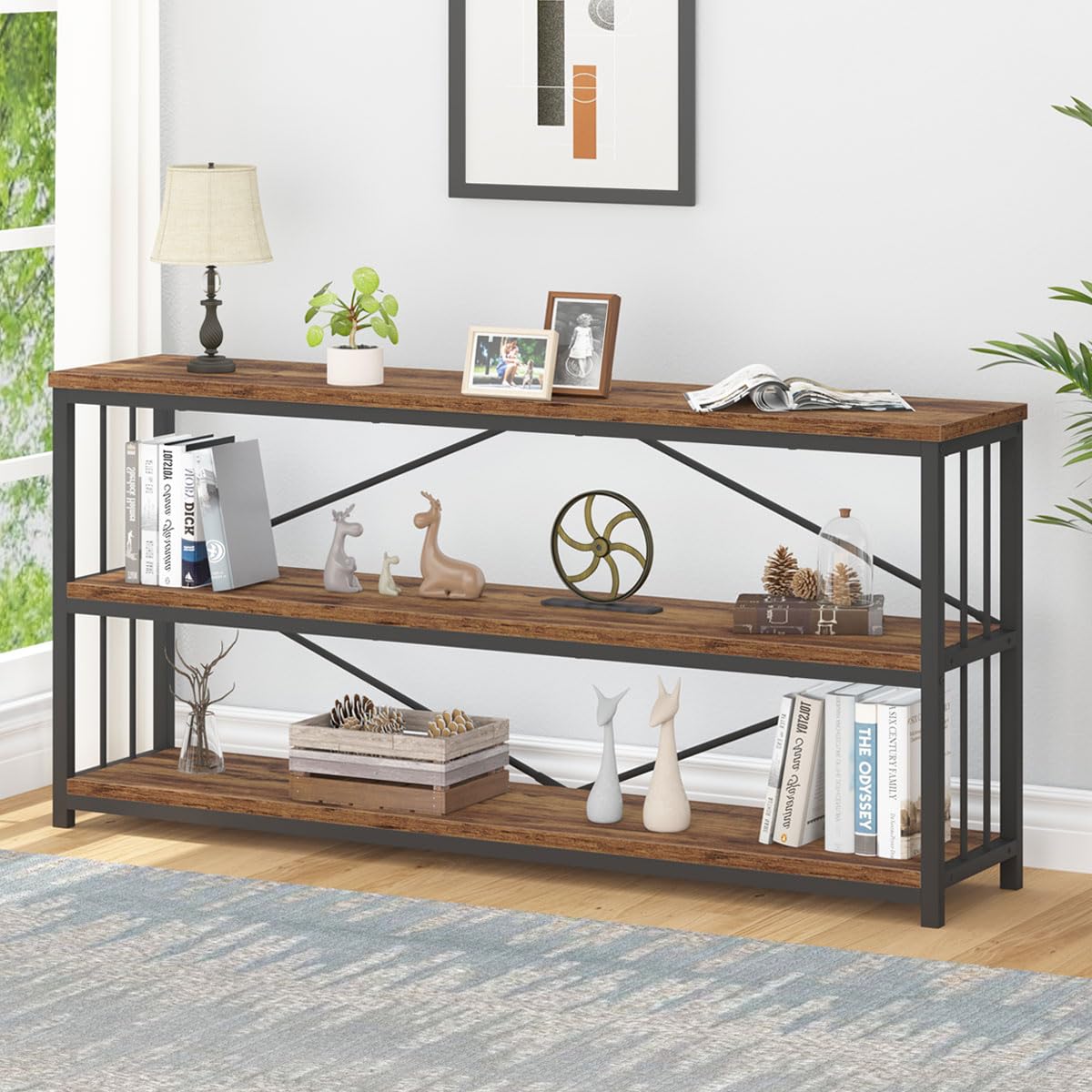 IBF Low Rustic 3 Tier Bookshelf, Industrial Horizontal Wood Bookcase, Farmhouse Long Wide Open Metal Etagere, Modern Large Vintage Book Shelf for Home Office Bedroom Living Room, Rustic Brown, 63 Inch IBF