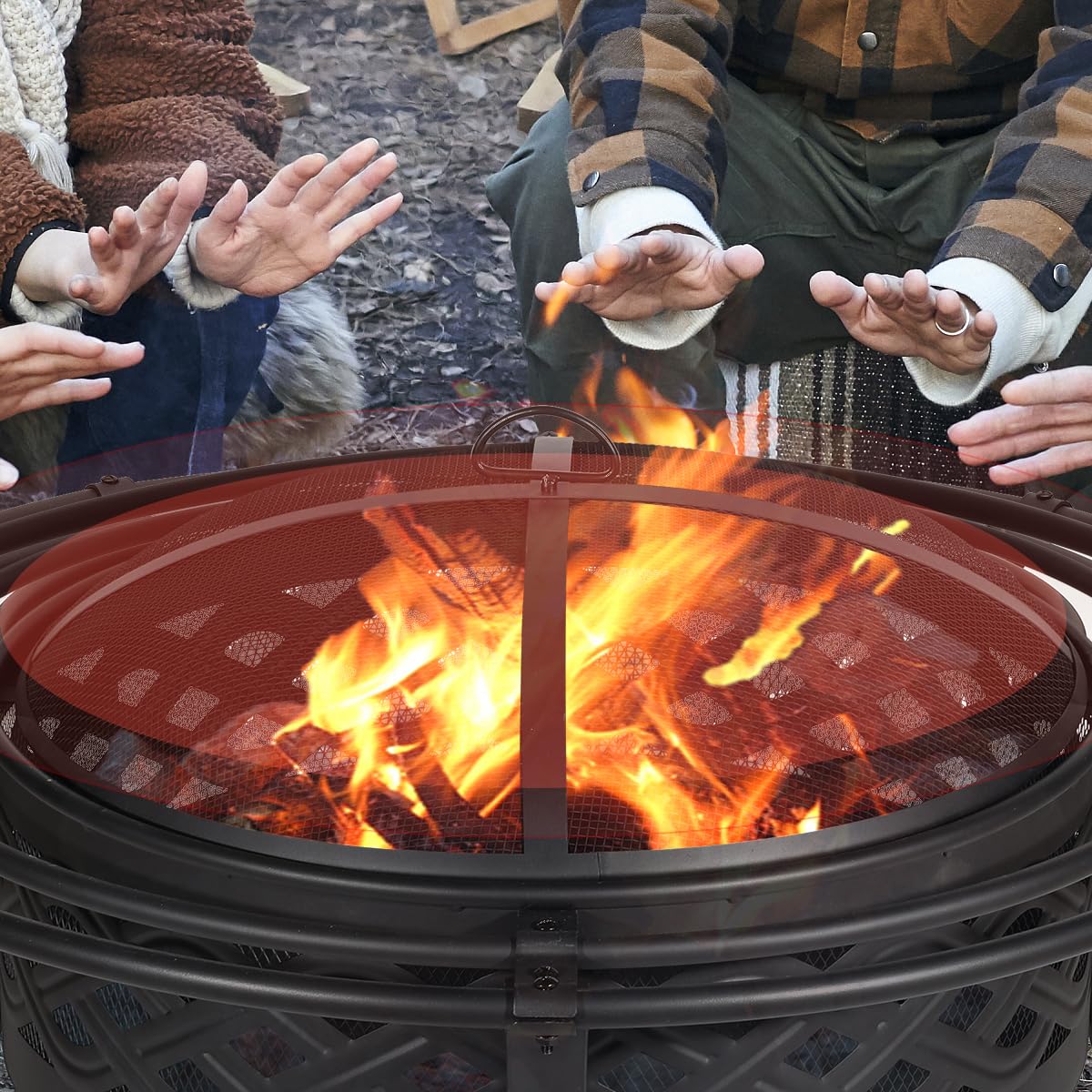 Panovue 36 Inch Fire Pit with 2 Loops,Crossweave Wood Burning Fire Pits for Outside,with Spark Screen,Fire Poker,Round Outdoor Firepit for Patio,Yard,Garden,Camping,Bonfire,Black Panovue
