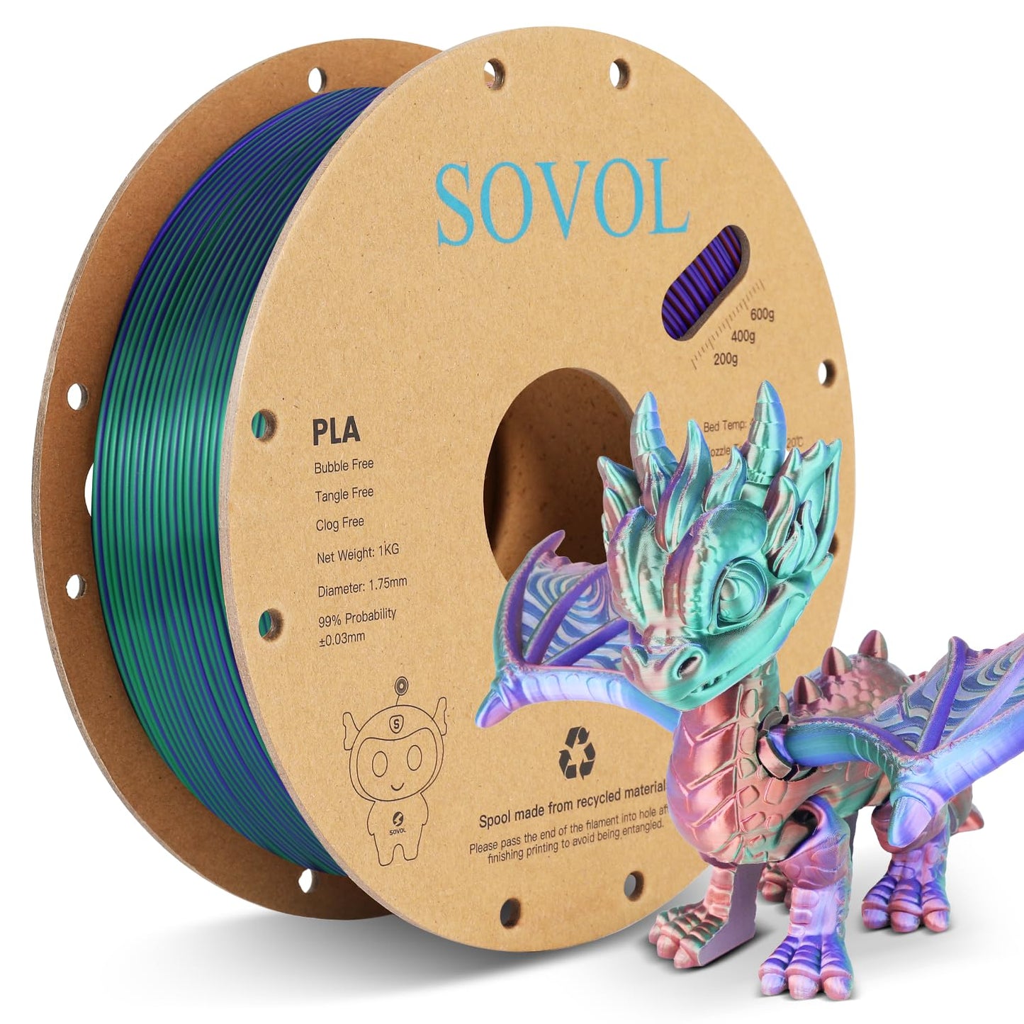 Sovol Silk PLA Filament Tri Color Co-Extrusion 1.75mm, 3D Printer Filament 1kg/ 2.2lbs, Shiny Silk Copper Purple Green 3 in 1 Coextrusion PLA Material +/-0.03mm - WoodArtSupply