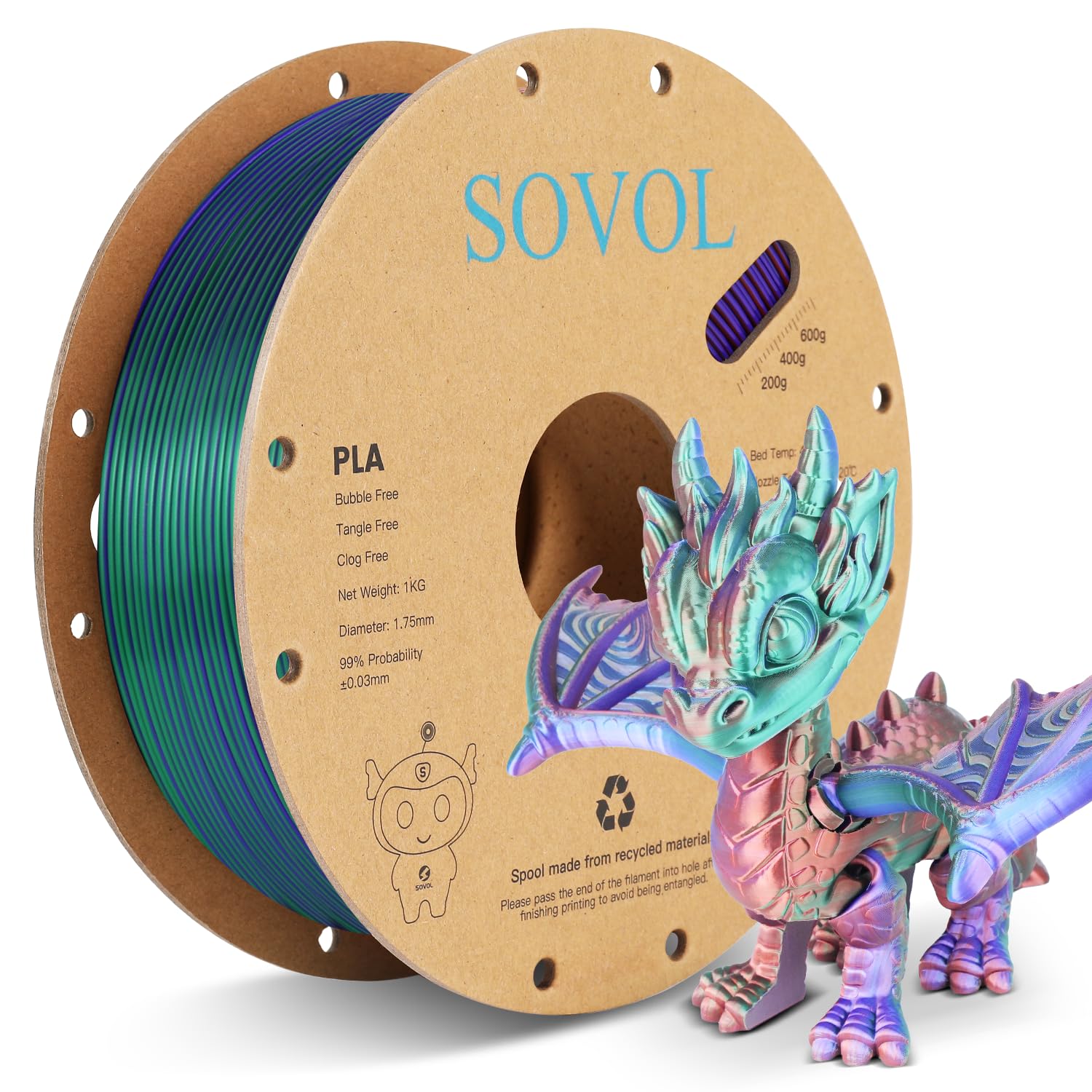 Sovol Silk PLA Filament Tri Color Co-Extrusion 1.75mm, 3D Printer Filament 1kg/ 2.2lbs, Shiny Silk Copper Purple Green 3 in 1 Coextrusion PLA Material +/-0.03mm - WoodArtSupply