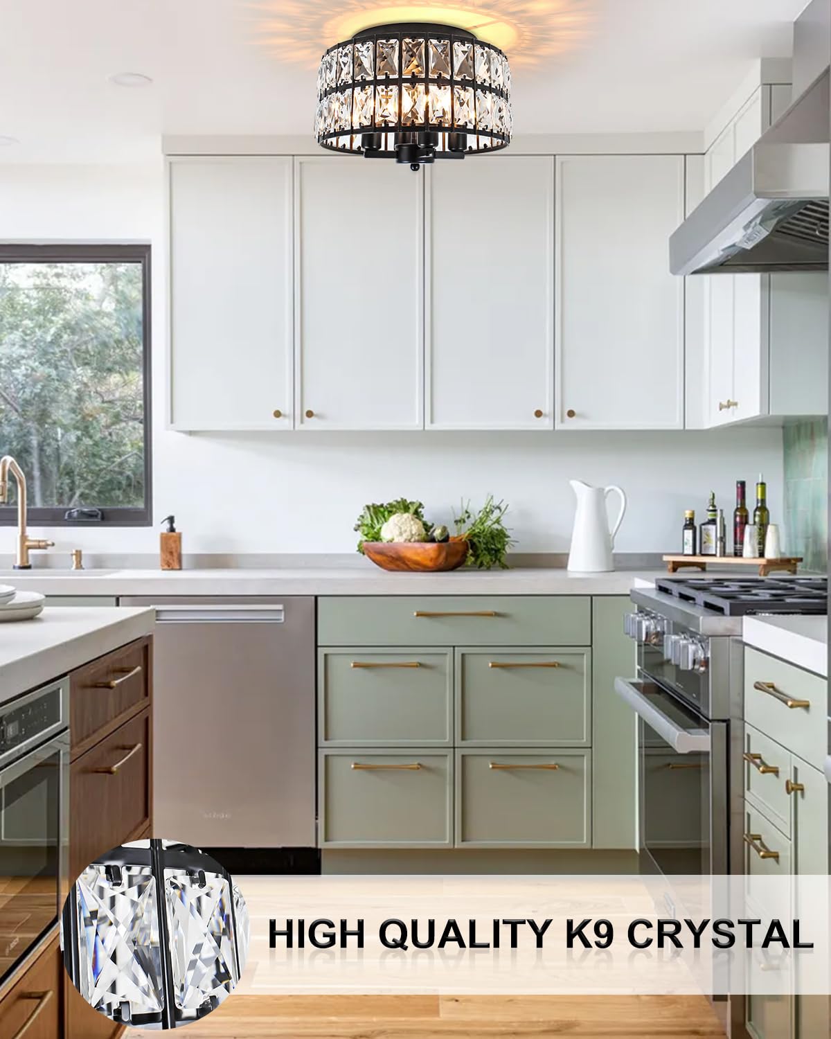 JWLUYN Black Crystal Flush Mount Ceiling Light, 4 Lights Black Dining Room Light Fixtures with E12 Base, Modern Close to Ceiling Light Fixture for Bathroom, Hallway, Kitchen, Bedroom, Entryway JWLUYN