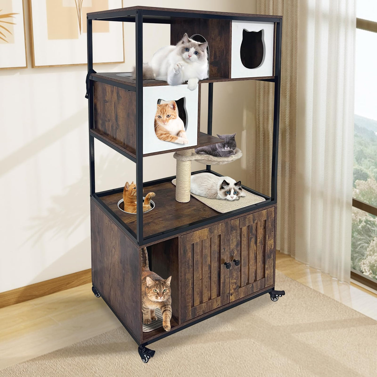 Litter Box Furniture Cat Tree with Litter Box Enclosure, Wooden Metal Frame Hidden Cat Washroom on Wheels with Hammock, Scratching Mat & Post,Fit Most Litter Box Retro Brown Hipicute