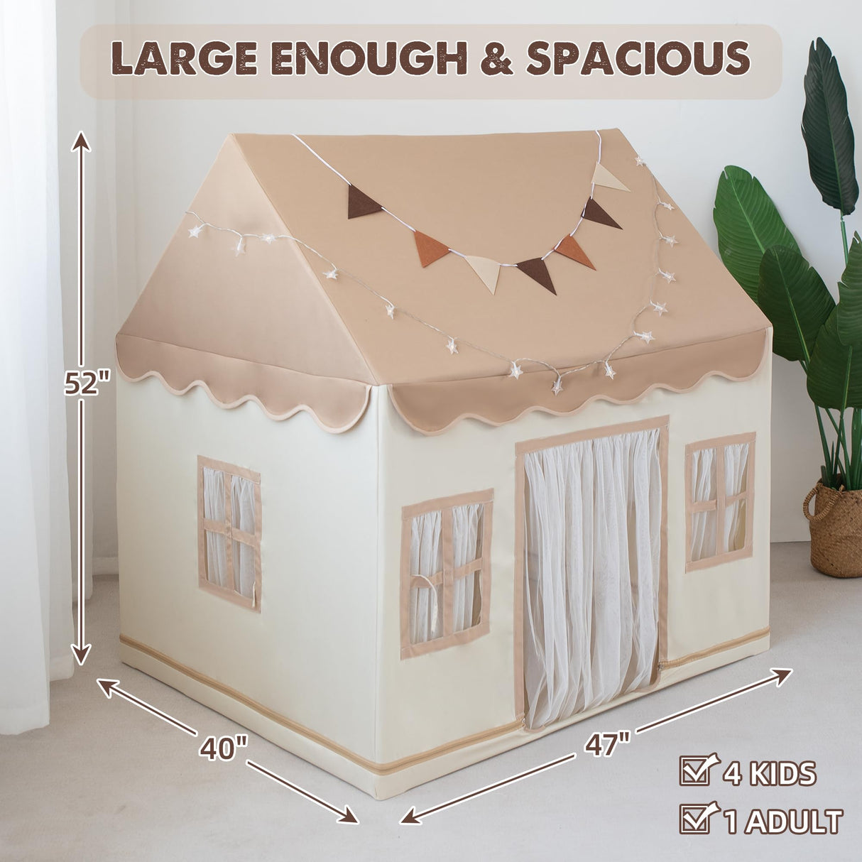 Duwenem Kids Tent with Basic Mat Large Kids Playhouse Indoor with Star Light Toddler Play Tent for Kids Toy House Gift 52“x47”x 40“(Coffee Cream) Duwenem