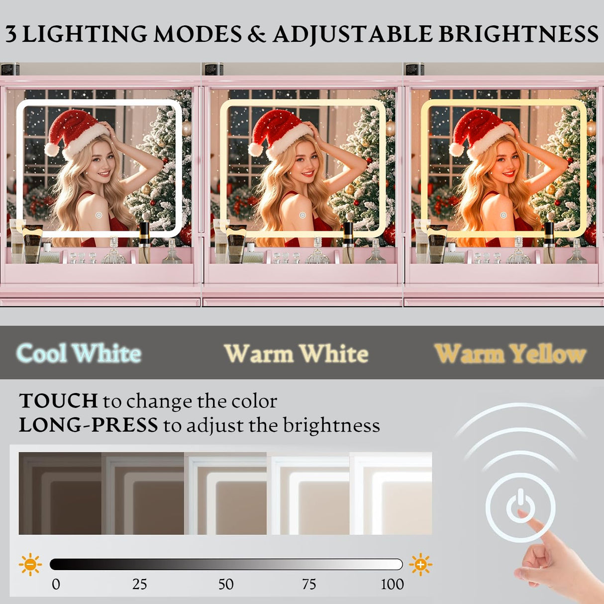 Vanity Desk with HD Lighted Mirror & Power Outlet, Farmhouse Makeup Vanity Table Set with Storage Drawers & RGB Cabinets, Large Dressing Table with 3 Lighting Modes for Women Girls Kids Bedroom, Pink Xixini