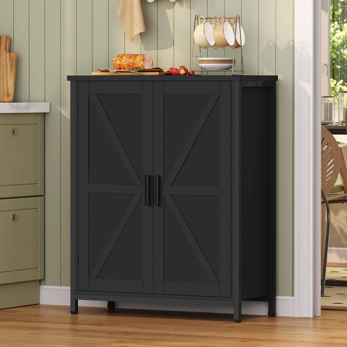 FIONESO Storage Cabinet, Small Cabinet with Barn Doors, Farmhouse Cabinet with Shelf, Black Cabinet for Living Room, Dining Room, Entryway, Black FIONESO