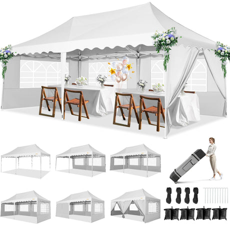 HOTEEL 10x20 Pop Up Canopy Tent for Parties, Waterproof Easy Setup Canopy Tent 10x20 with 6 Sidewalls, 4 Sandbags, Wheeled Bag, Outdoor Sunproof 10x20 Canopy for Backyard, Wedding, Event, Patio, White Hoteel
