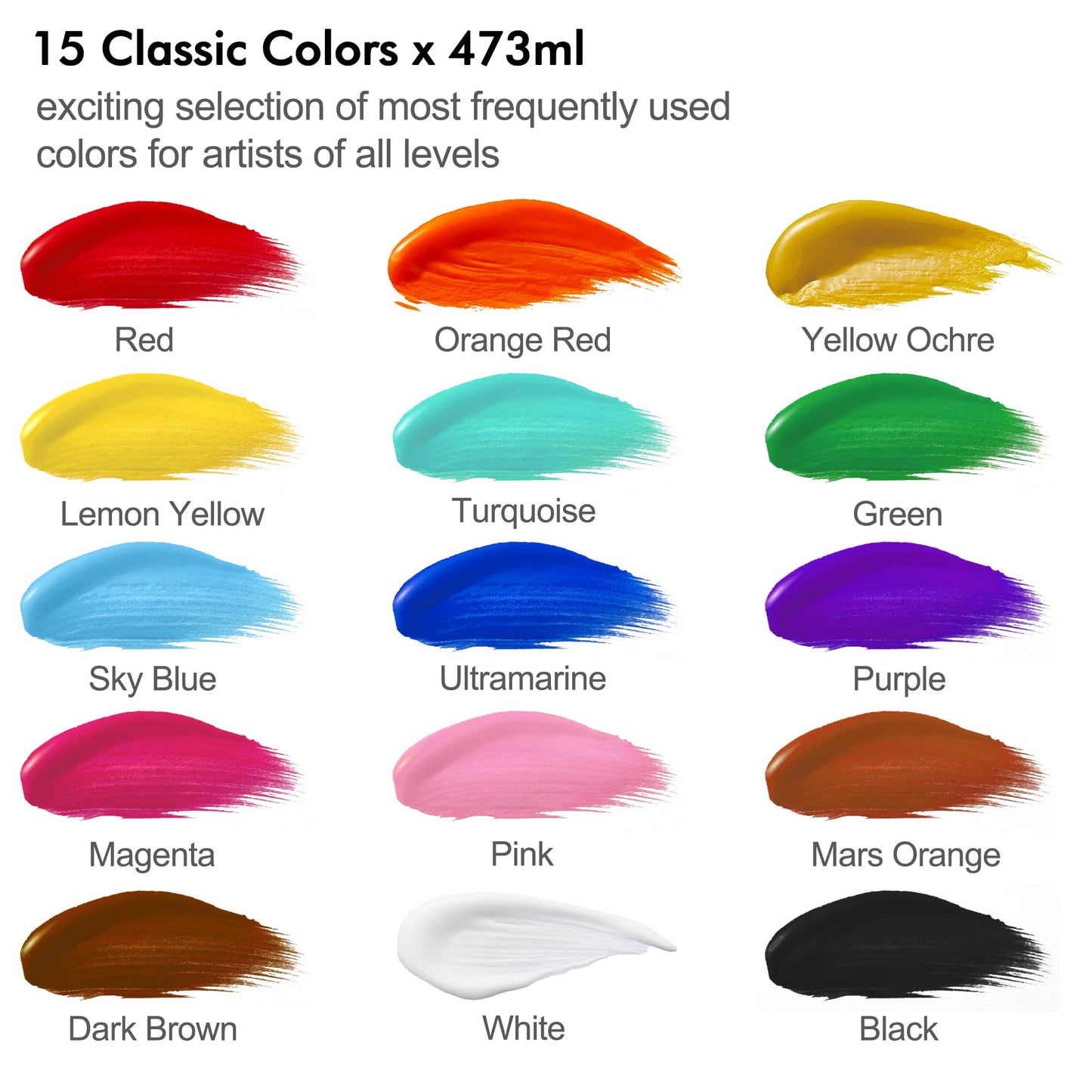 Shuttle Art Acrylic Paint, 15 Colors Acrylic Paint Large Bottle Set, 473ml/16oz Each, Rich Pigments, High Viscosity, Bulk Paint for Artists, Beginners and Kids on Rocks Crafts Canvas Wood Cer - WoodArtSupply