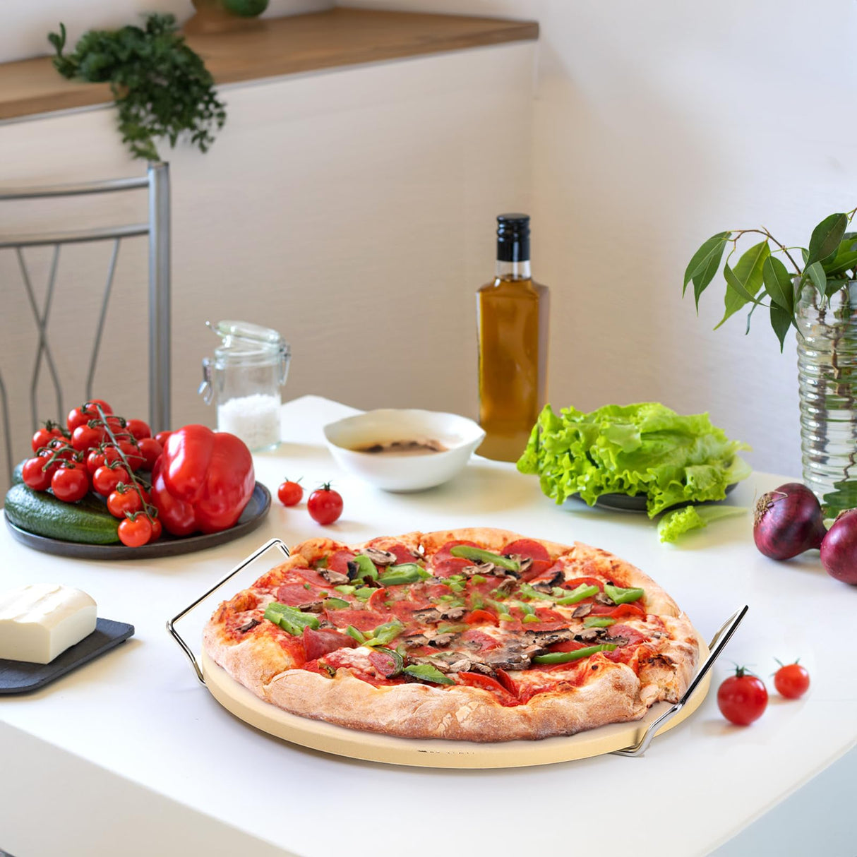 ZENFUN Round Pizza Stone with Wooden Peel and Metal Carry Rack 12 In Cooking Pizza Stone for Oven Baking and BBQ Grilling Round Baking Stone Cordierite Pizza Cooking Pan Free Bamboo Pizza Peel Paddle ZENFUN