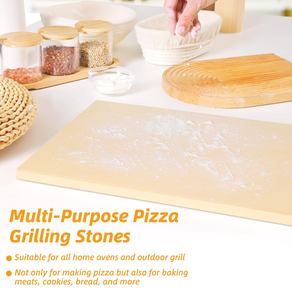 Pizza Stone 5 PCS Set, 15 x 12" Large Rectangle Pizza Stone Set for Oven with Metal Pizza Peels & Cutter Rocker, 0.6'' Thickened Stone Pizza Pan, Grill Baking Stone for Outdoor Grill for Pizza, Bread GOFOWRK