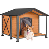 Aivituvin Dog House with Anti-Chewing Metal Frame Outdoor Large Wooden Dog Kennel Outside with Overhang Roof Large Porch Weatherproof Aivituvin