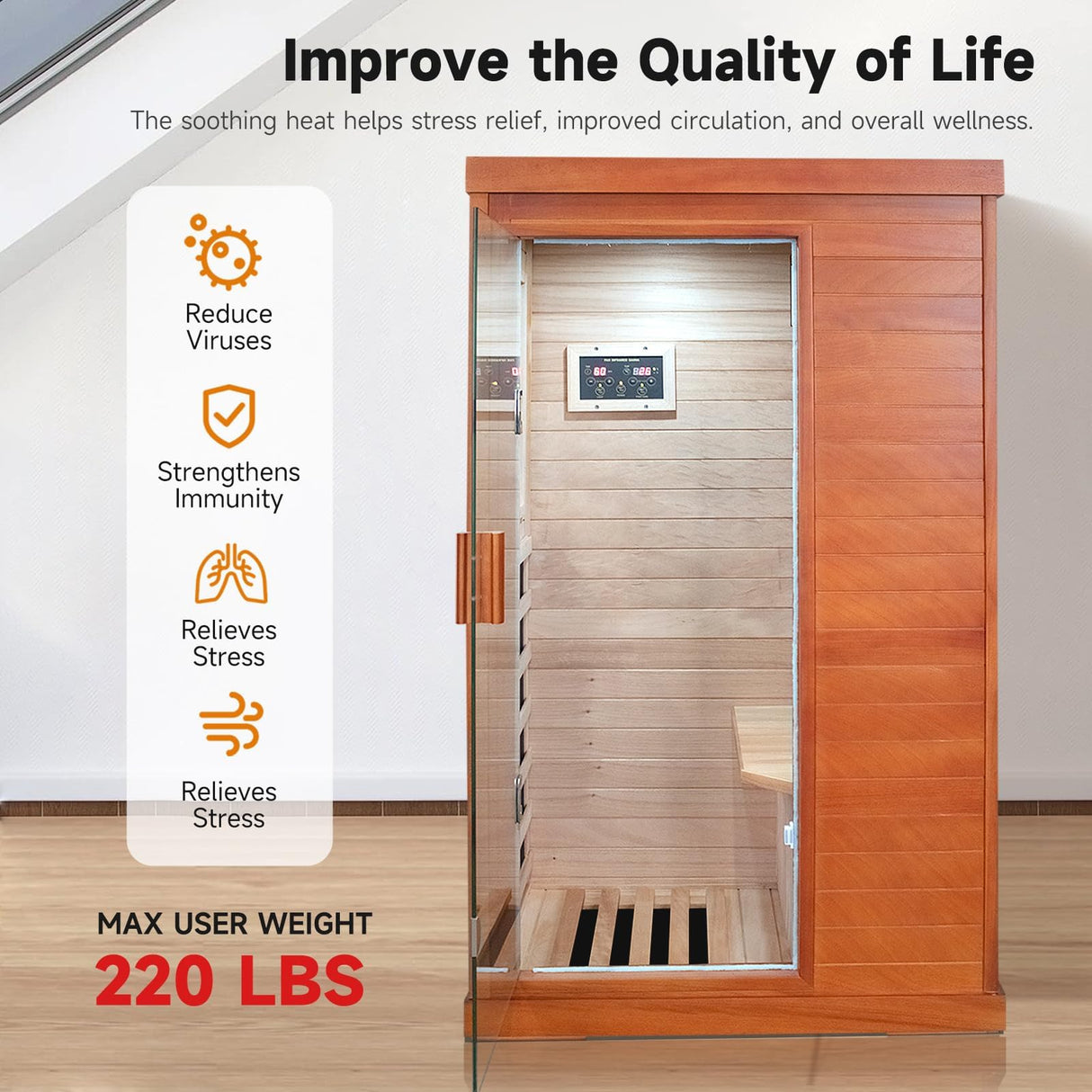 Sauna, Far Infrared Saunas for Home 1 Person Wood Sauna Okoume 800W/110V Low Emf Dry Sauna Indoor Sauna Room with Tempered Glass Door/Speakers/Air Hole and LED Lighting - 35.2*27.6*61.6 IN HOSAUNA