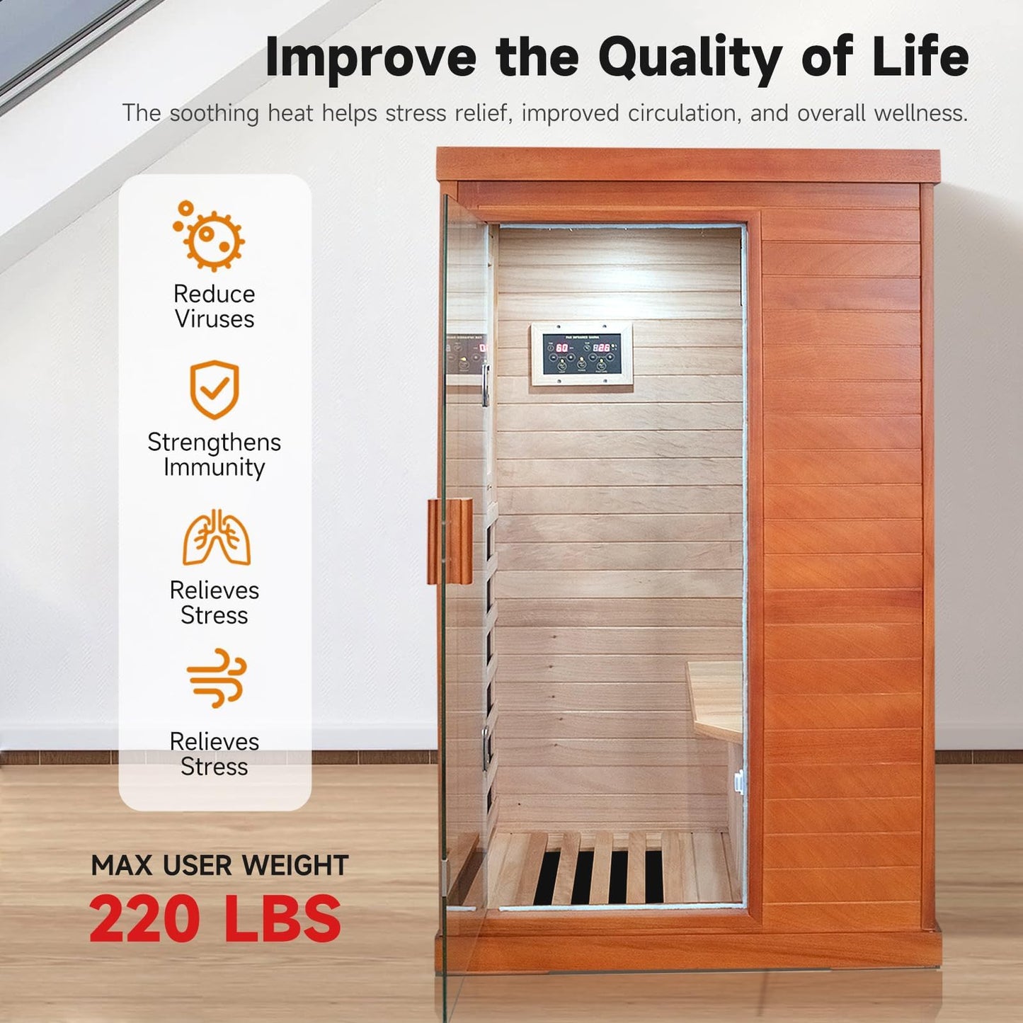 Sauna, Far Infrared Saunas for Home 1 Person Wood Sauna Okoume 800W/110V Low Emf Dry Sauna Indoor Sauna Room with Tempered Glass Door/Speakers/Air Hole and LED Lighting - 35.2*27.6*61.6 IN