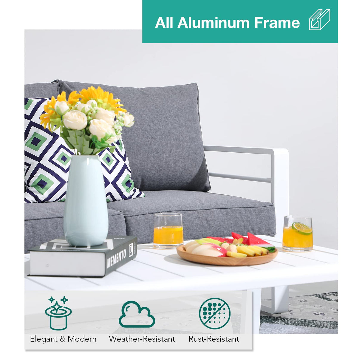 Patiorama Aluminum Patio Furniture Set, 4 PCS Modern Patio Conversation Set, All Weather White Outdoor Sectional Sofa Set w/Coffee Table, 3-Seater Sofa, Superior Olefin Cushion, Garden-Grey Cushion Patiorama