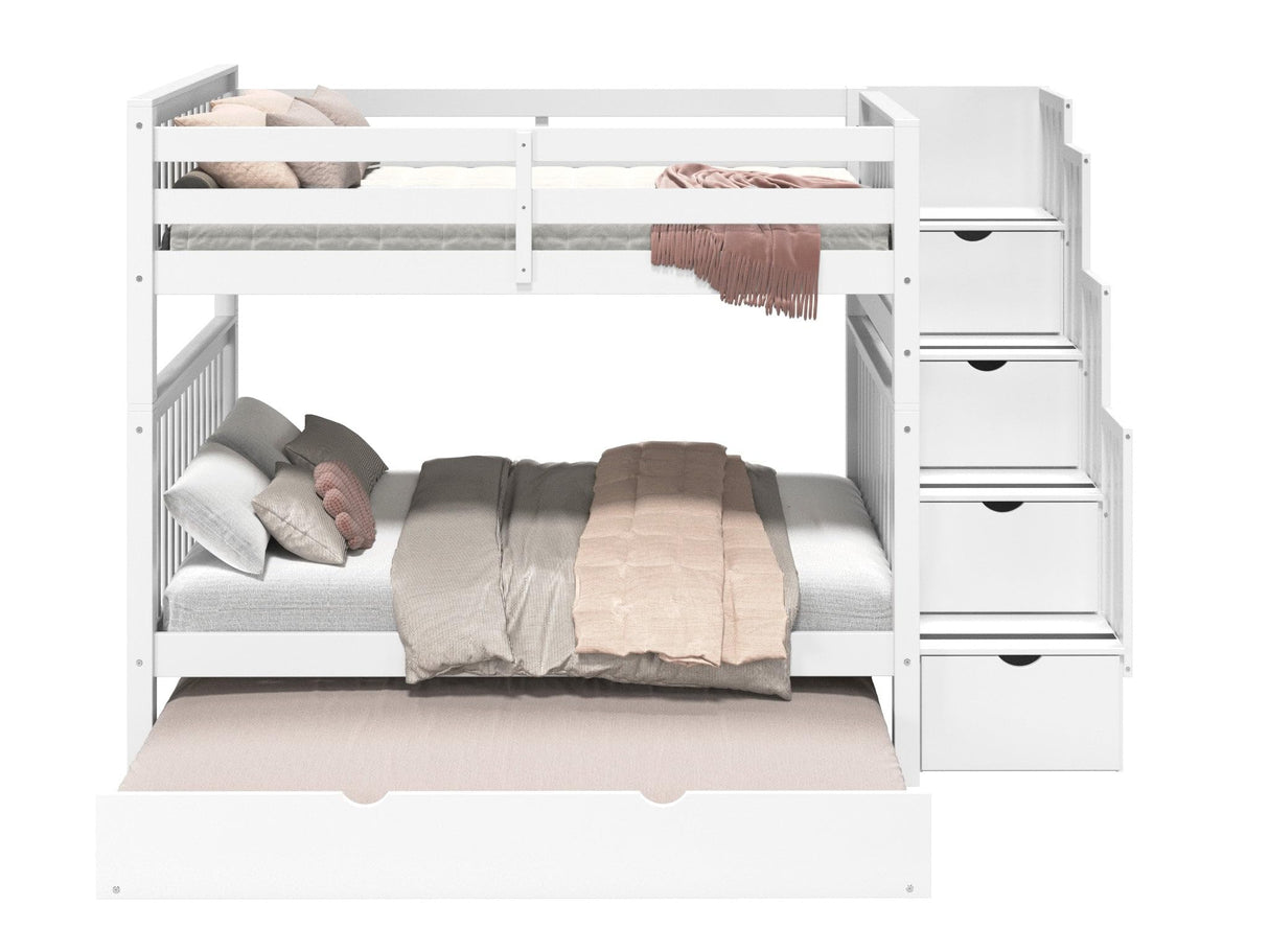 Bedz King Stairway Bunk Beds Full over Full with 4 Drawers in the Steps and a Twin Trundle, White Bedz King