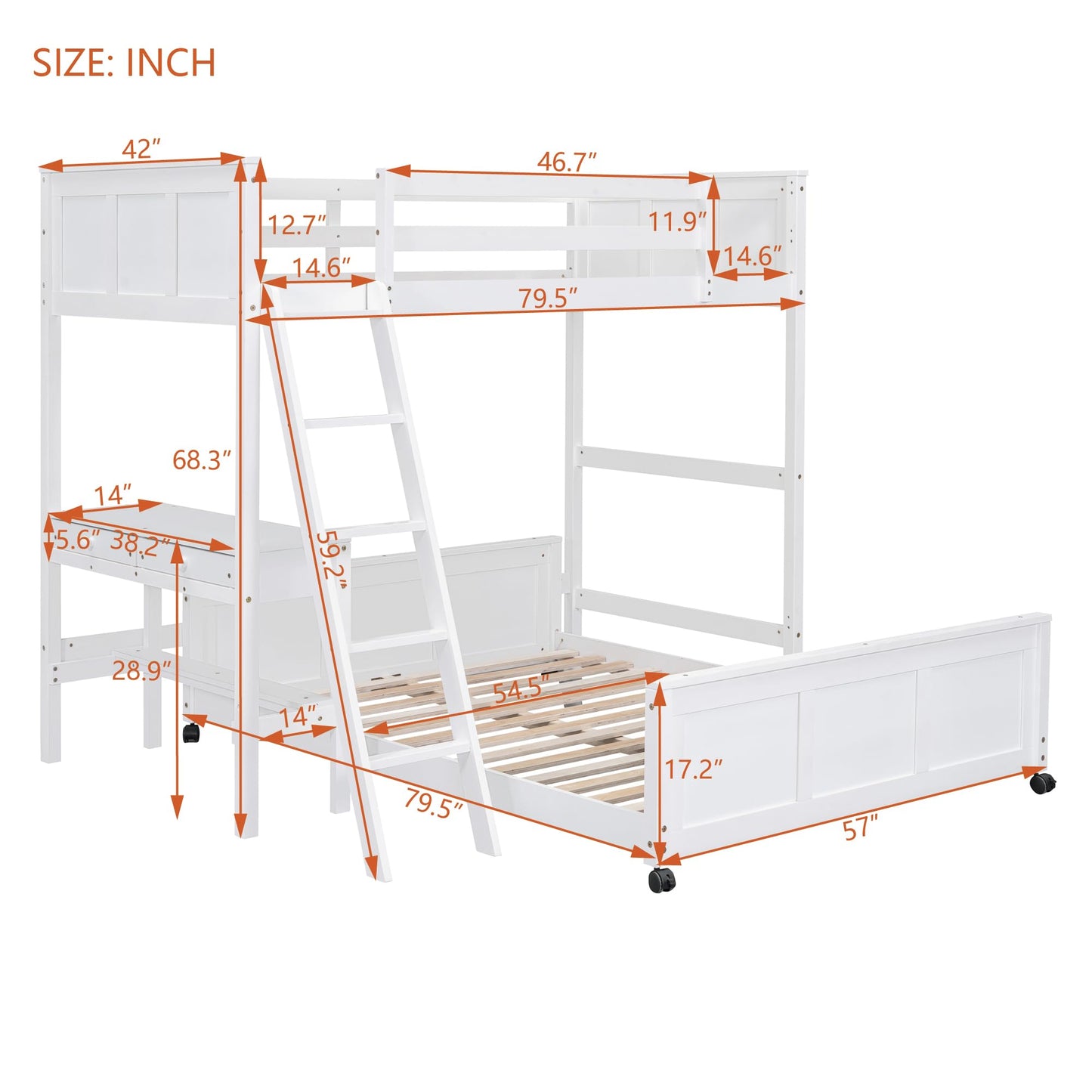 Bellemave Twin Over Full Bunk Bed with Desk and Movable Underbed in White - WoodArtSupply