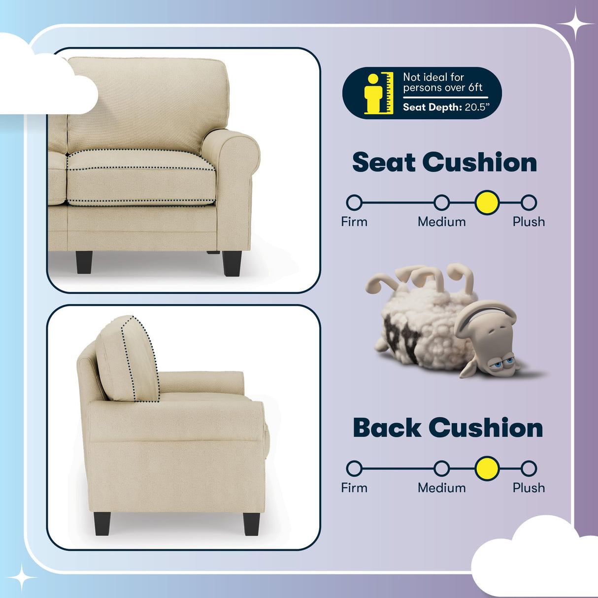 Serta Copenhagen Rolled Arm Sofa, Easy Care Polyester, Soft Pillow Back, Pocket Coil Seat Cushions, Removable Covers, Couch for Small Spaces, Living Rooms or Bedrooms, 61" Loveseat, Tan Serta