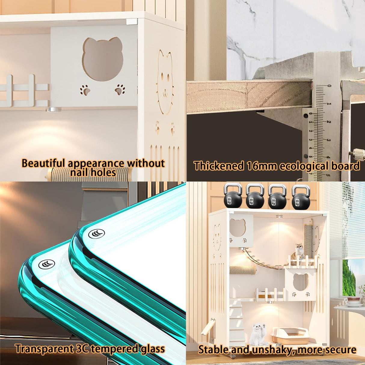 Large Luxury Wood Cat House, Indoor/Outdoor Cat Cage Large Space with Wheels, Multi-Feature Enclosed Cat Condo for Indoor Cats Ventilation Glass Doors, 50" X 36" X 24", White HUATOL