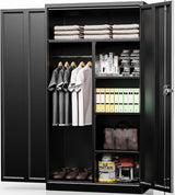 INTERGREAT Metal Wardrobe Cabinets with Lock, 72" Clothing Storage Cabinets with Hanging Rod and 4 Adjustable Shelves, Armoire Wardrobe for Office, School, Employee, Government (Black) INTERGREAT
