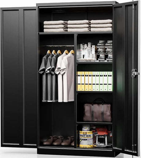 INTERGREAT Metal Wardrobe Cabinets with Lock, 72" Clothing Storage Cabinets with Hanging Rod and 4 Adjustable Shelves, Armoire Wardrobe for Office, School, Employee, Government (Black) INTERGREAT