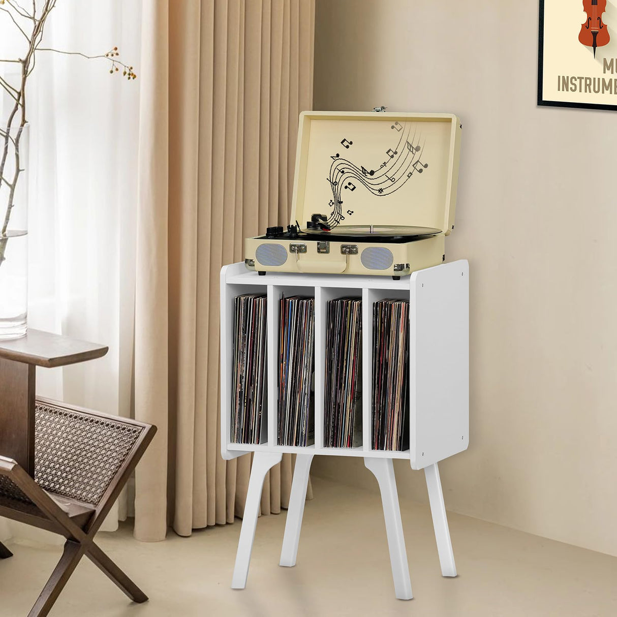 Lerliuo Record Player Stand with Storage Holds Up to 80 Albums, Turntable Stand with Beech Wood Legs, Mid-Century Record Player Table,White Vinyl Holder Display Shelf for Bedroom Living Room Lerliuo