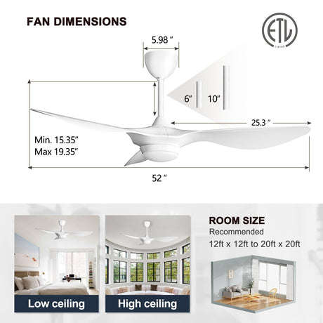 reiga 52 Inch Smart White Ceiling Fan with Light and Remote, ETL Listed Quiet DC Motor 3 Blade Indoor Outdoor Ceiling Fans for Bedroom Living Room Patios reiga