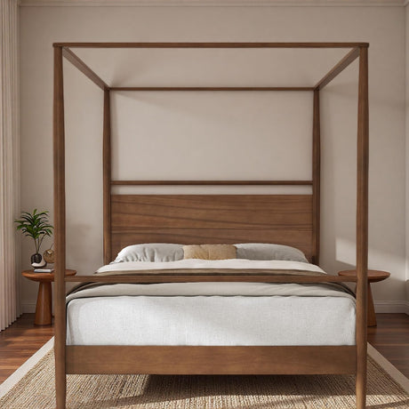 LUMISOL Full Size Canopy Bed Frame with Storage, Solid Wood 4 Posters Canopy Bed, No Box Spring Needed, Walnut LUMISOL