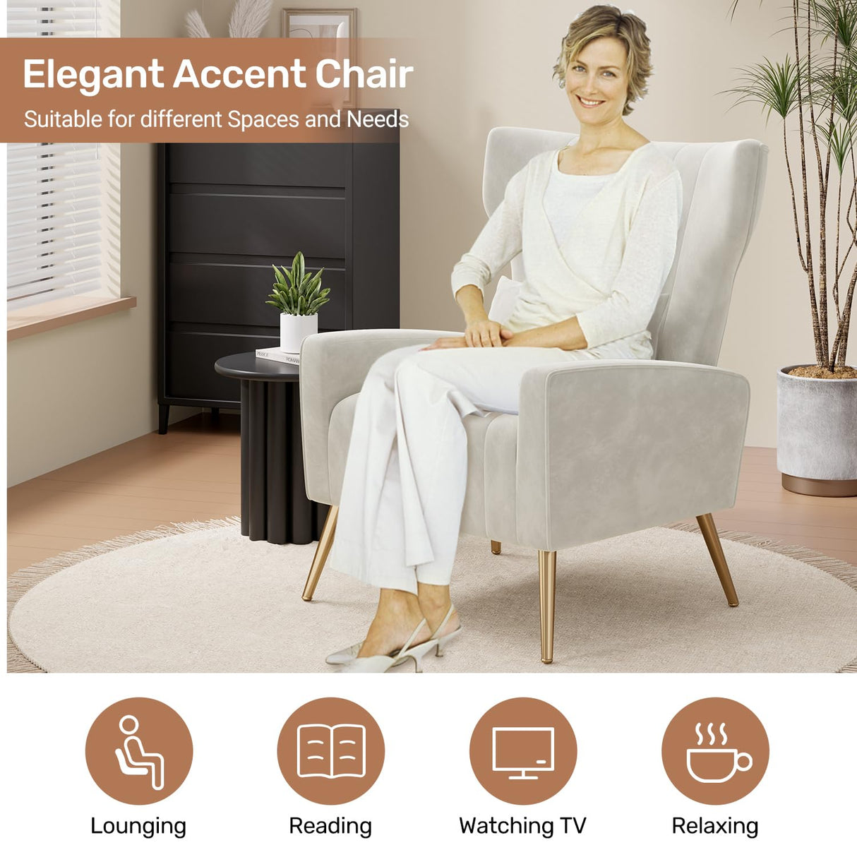 Nebuaegis Velvet Accent Chair Wingback for Living Room, High Back Arm Chair with Golden Legs Lumbar Pillow, Upholstered Single Sofa Bedroom Beige Nebuaegis