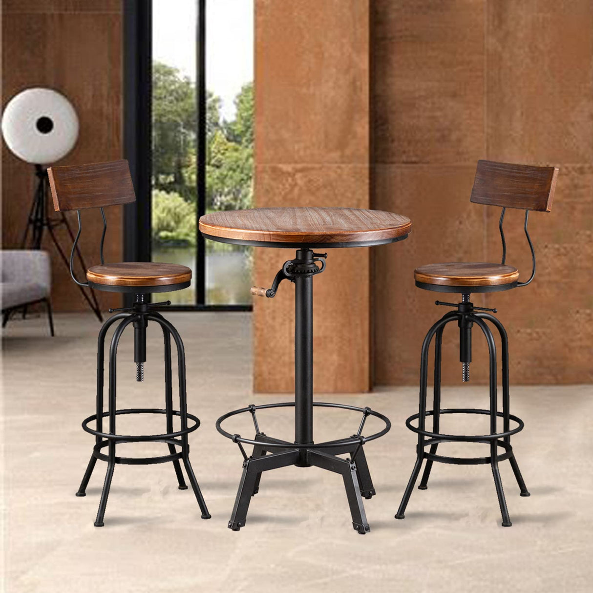 LOKKHAN Industrial Bar Stool-26-32 Inch Adjustable Swivel Round Wood Metal Kitchen Stool Rustic Farmhouse Counter Height Extra Tall Bar Height Stool-Arc-Shaped Backrest,Welded,Set of 2 LOKKHAN