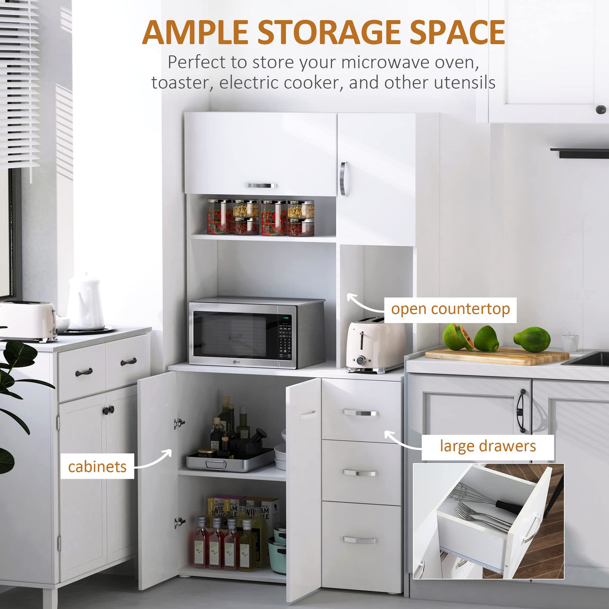 HOMCOM 66" Buffet with Hutch, Freestanding Kitchen Pantry with 2 Large Cabinets, 1 Pull Up Cabinet, 3 Drawers & Wide Countertop, White HOMCOM