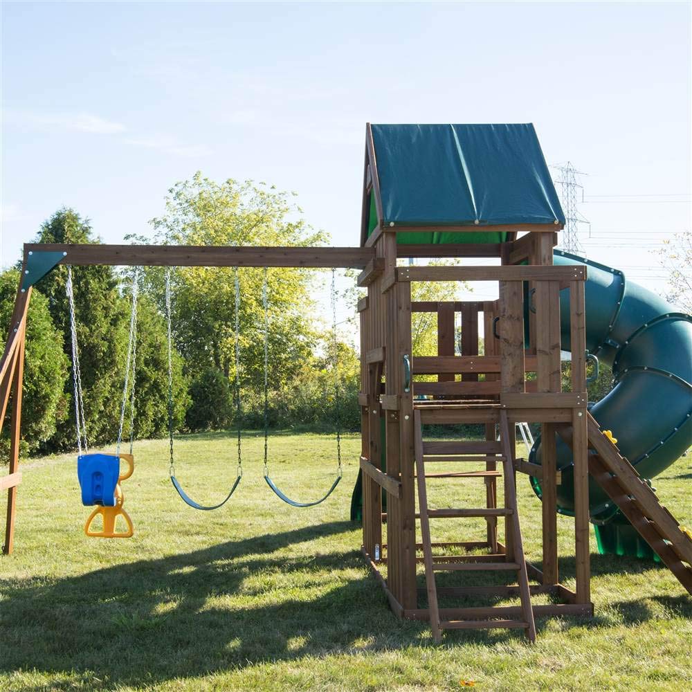Swing-N-Slide WS 8359 Tellico Terrace Wood Swing Set with Two Slides, Climbing Wall & Swings, Brown Swing-N-Slide