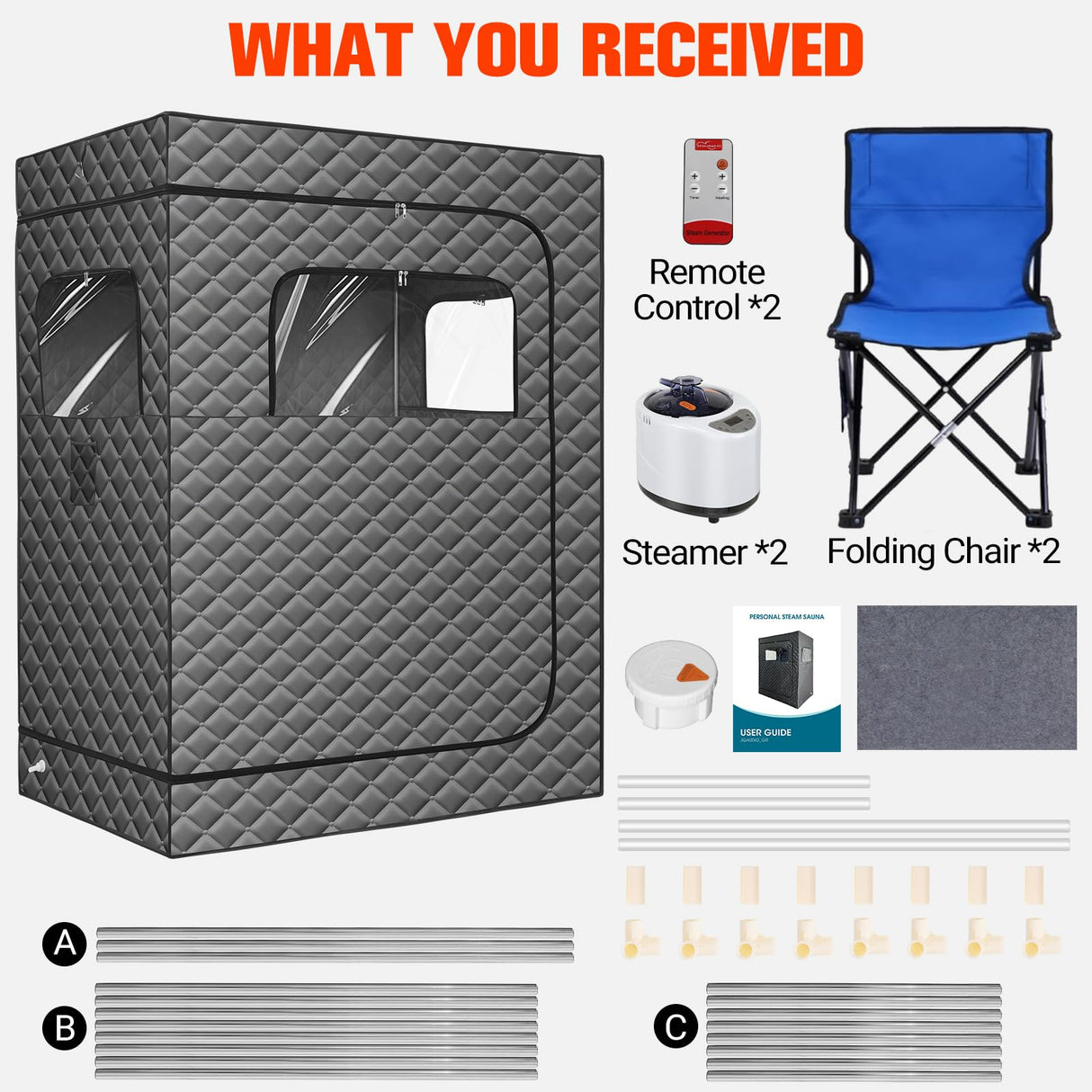 IvyBess 2 Person Sauna for Home, 1 or 2 Person Portable Steam Sauna with 2 1000W Sauna Steamers, 2 Floding Chairs, 9 Levels Adjustable, 99 Minutes Timer, Steamer Included (Grey) IvyBess