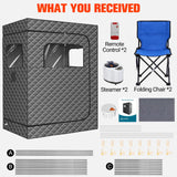 IvyBess 2 Person Sauna for Home, 1 or 2 Person Portable Steam Sauna with 2 1000W Sauna Steamers, 2 Floding Chairs, 9 Levels Adjustable, 99 Minutes Timer, Steamer Included (Grey) IvyBess