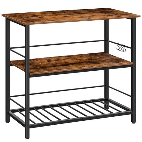 HOOBRO Kitchen Island with Wine Rack, Industrial Kitchen Counter with Hooks and Protective Rails, 3 Tier Kitchen Shelf with Large Workstation, Easy Assembly, Rustic Brown BF02ZD01 HOOBRO