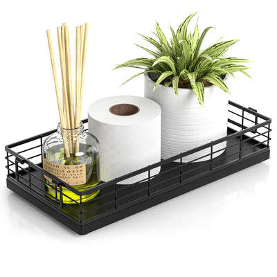 JNFUZ Toilet Paper Basket, 13 Inch Oak and Iron Tank Tray Top of Toilet Storage Toiletries Organizer for Bathroom, Living Room and Kitchen (Black)