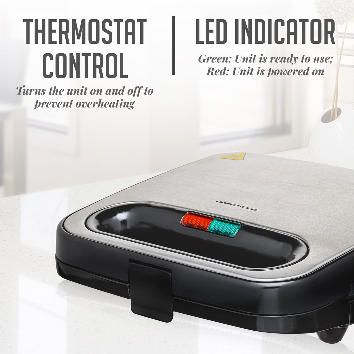 OVENTE Electric Panini Press Grill with Nonstick Plates, LED Indicator Lights, Thermostat Control, Cool Touch Handle, Compact Sandwich Maker Perfect for Cooking Breakfast, Snacks & More, Black GP0401B OVENTE