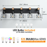 Farmhouse Vanity Light Fixture,5-Light Bathroom Lighting,Black Industrial Wood Wall Light Over Mirror with Metal Shade,LED Bulbs Included vivihobb