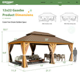 EROMMY 12' x 22' Gazebo, Wooden Finish Coated Aluminum Frame Canopy with Double Galvanized Steel Hardtop Roof, Outdoor Permanent Metal Pavilion with Curtains and Nettings for Patio, Backyard and Deck EROMMY