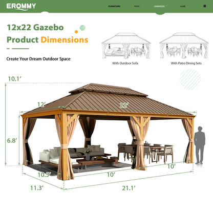 EROMMY 12' x 22' Gazebo, Wooden Finish Coated Aluminum Frame Canopy with Double Galvanized Steel Hardtop Roof, Outdoor Permanent Metal Pavilion with Curtains and Nettings for Patio, Backyard and Deck