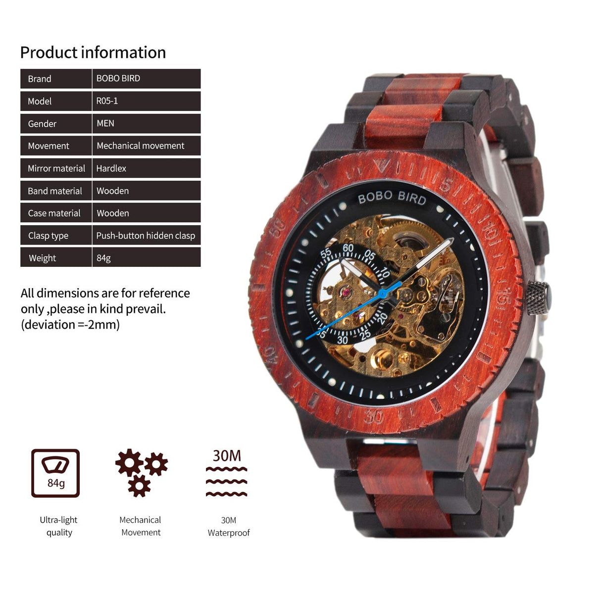 BOBO BIRD Mens Wooden Watches Luxury Mechanical Watch Lightweight Wood Band Timepieces for Men with Gift Box BOBO BIRD
