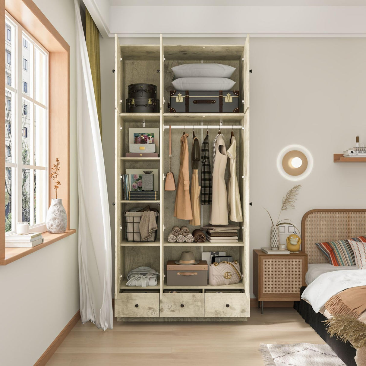 MOUMON 3 Shutter Door Wardrobe Armoire Closet with Shelves and 3 Drawers, Armoire Wardrobe Closet with Hanging Rod, Top Cube Storage, for Bedroom Wood Grain (44.3”W x 19”D x 94.5”H) MOUMON