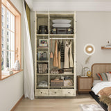 MOUMON 3 Shutter Door Wardrobe Armoire Closet with Shelves and 3 Drawers, Armoire Wardrobe Closet with Hanging Rod, Top Cube Storage, for Bedroom Wood Grain (44.3”W x 19”D x 94.5”H) MOUMON