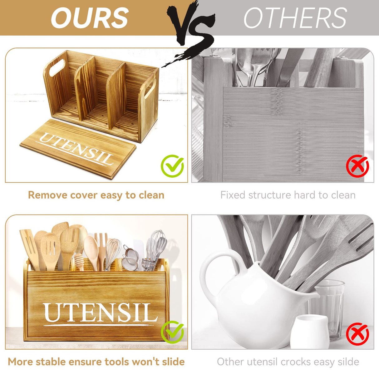 brekle Kitchen Utensil Holder Rustic Large Wooden Utensil Organizer Cooking Tools Storage (Farmhouse Wooden) brekle