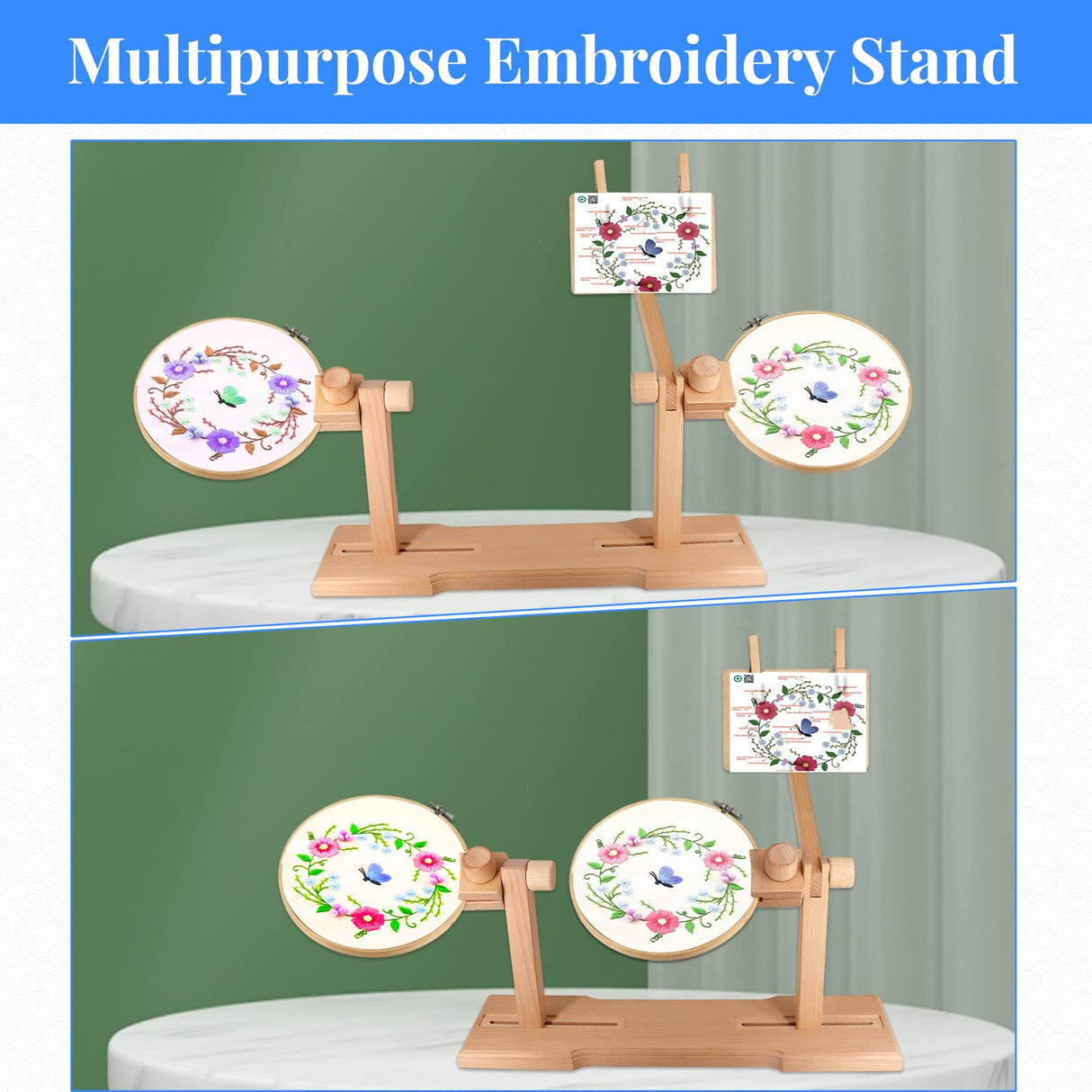 SolidGnik Embroidery Stand, Adjustable Embroidery Hoop Holder, Cross Stitch Stand with Embroidery Kit and 3PCS Embroidery Hoops SolidGnik