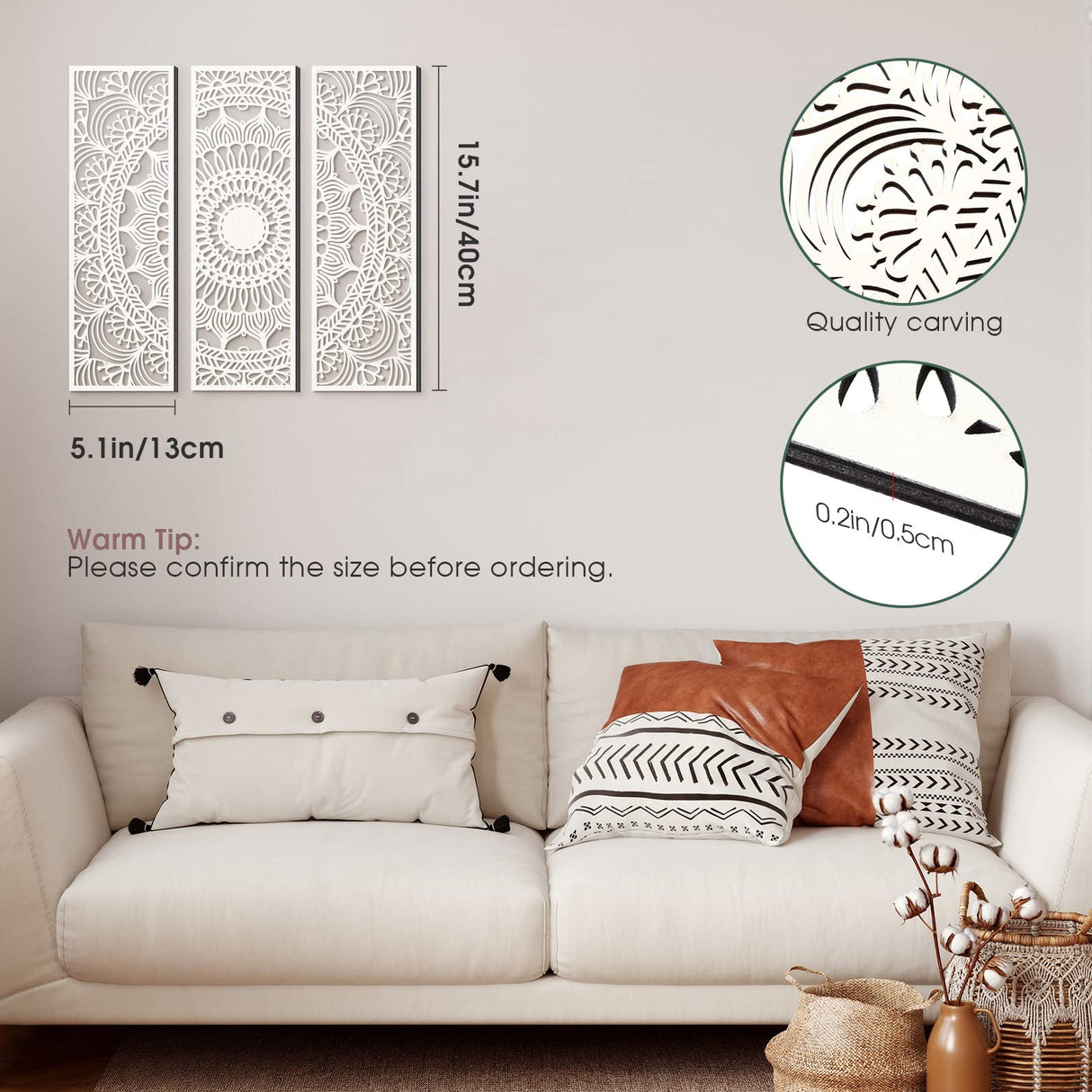 Blulu 3pcs Mandala Wall Art Carved Wood Wall Art Floral Aesthetic Wooden Plaque Set Wood Carving Decor Farmhouse Modern Cutout Plaque for Home Bathroom Decoration(15.8 x 5.1 Inch,White) Blulu