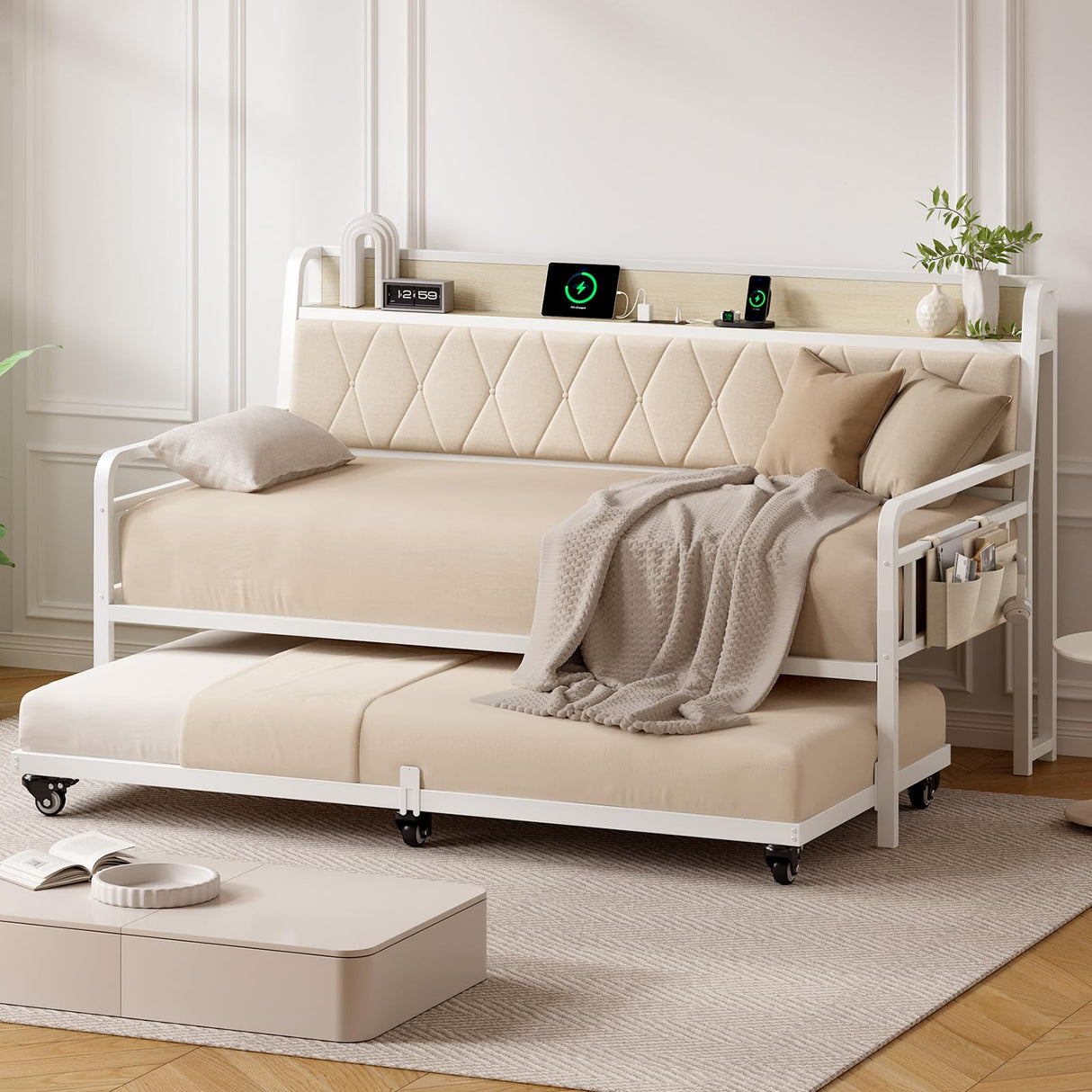ONBRILL Twin Daybed with Trundle, Metal Day Bed Frame with Ergonomic Upholstered Headboard & Charging Station, Sofa Bed with Twin Trundle for Living Room, Bedroom, playroom, and Guest Room, White ONBRILL