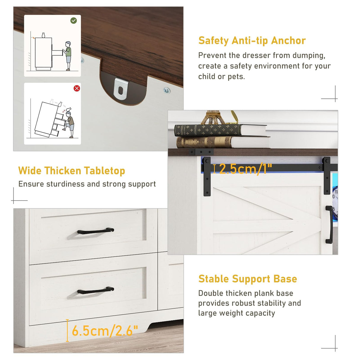 63" Farmhouse Dresser w/6 Drawers,60000-color Led Lights,Outlet, Large Chest of Drawers w/Sliding Barn Doors,Adjust Shelves,White Dresser TV Stand for 65/70in TV for Bedroom, Living Room chartustriable