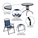 Flash Furniture Nantucket 6-Piece Patio Dining Set with Glass Table, 4 Folding Chairs, and Umbrella, Outdoor Patio Table, Chairs, Umbrella Set, Navy Flash Furniture